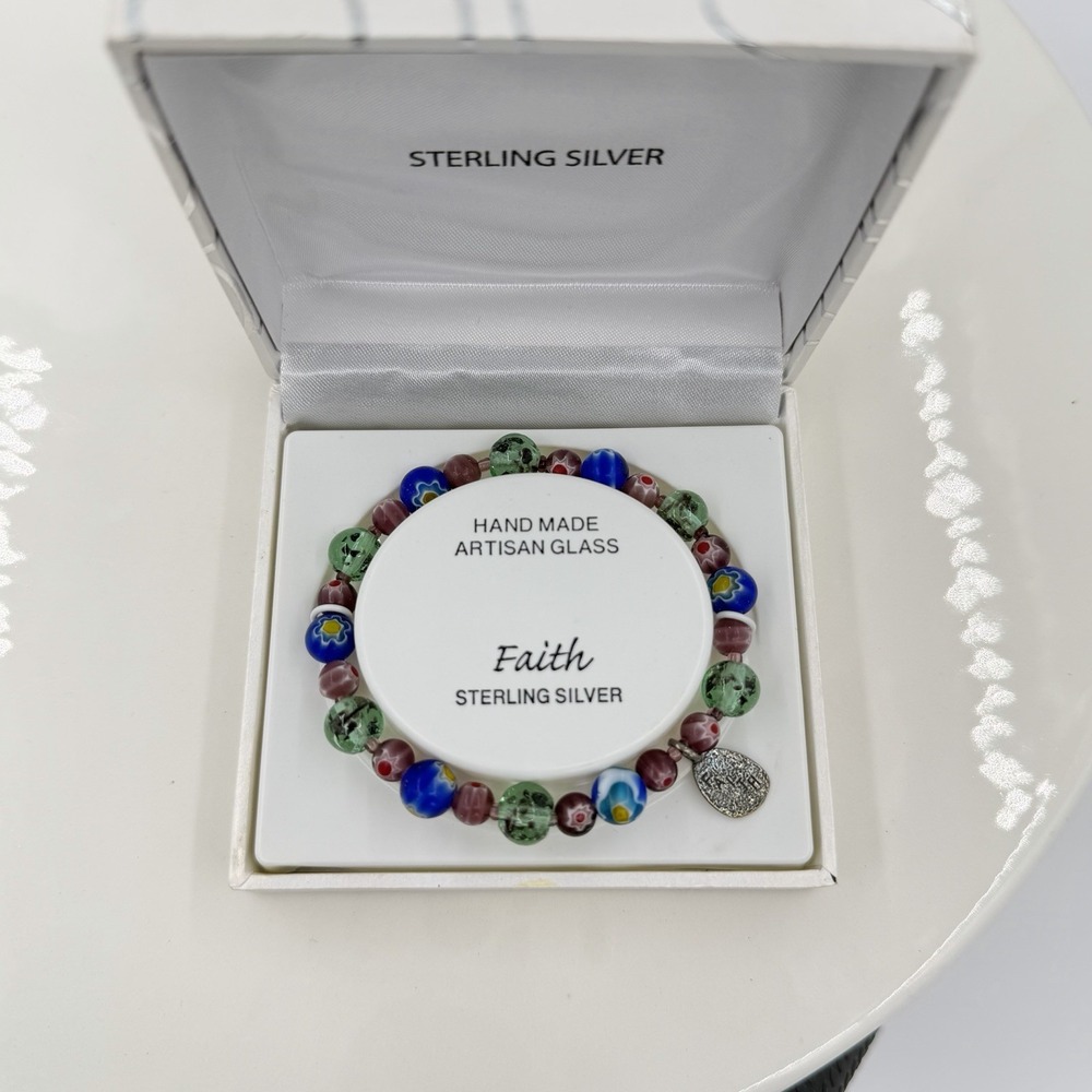 Faith Sterling Silver Artisan Glass Beaded Bracelet Hand Made With Box - Picture 2 of 3